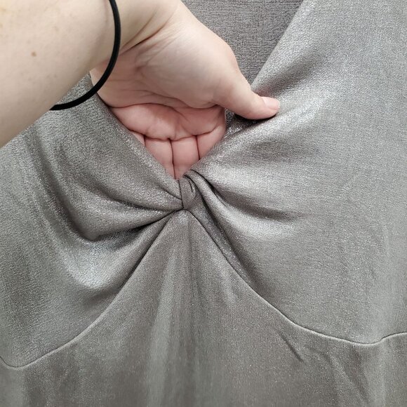 CCDK Copenhagen Silver Metallic Slinky Twist Front V-Neck Sheath Dress NWT‎ Sz L - Picture 2 of 5